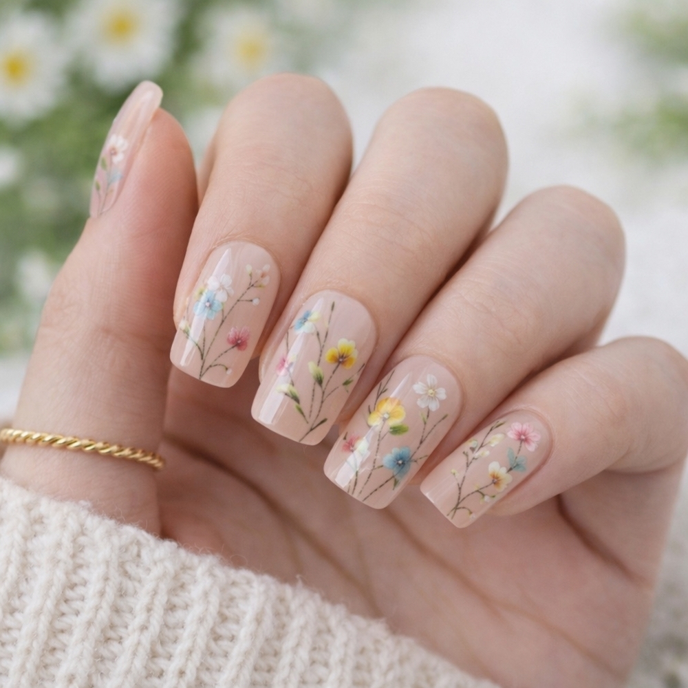 Floral Press On Nails Nude Botanical Flower Nail Art Set 24pcs